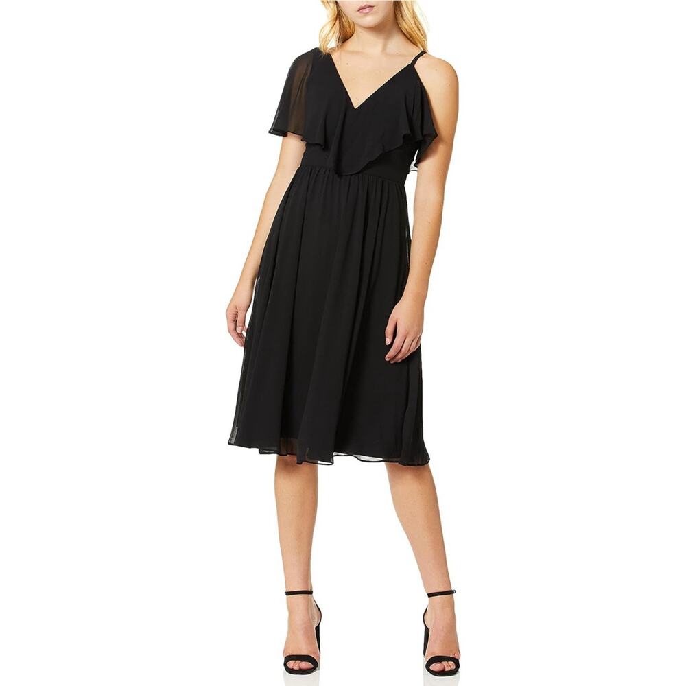 Dress the Population Women Claudia Chiffon Dress Sz S Black Fit Flare Ruffle LBD